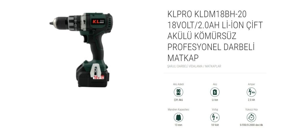KLPRO ÇİFT AKÜLÜ KÖMÜRSÜZ PROFESYONEL DARBELİ MATKAP