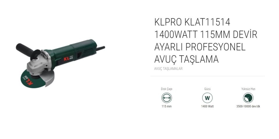 KLPRO PROFESYONEL TAŞLAMA MAKİNESİ KLAT 11514 -1400WAT 115MM