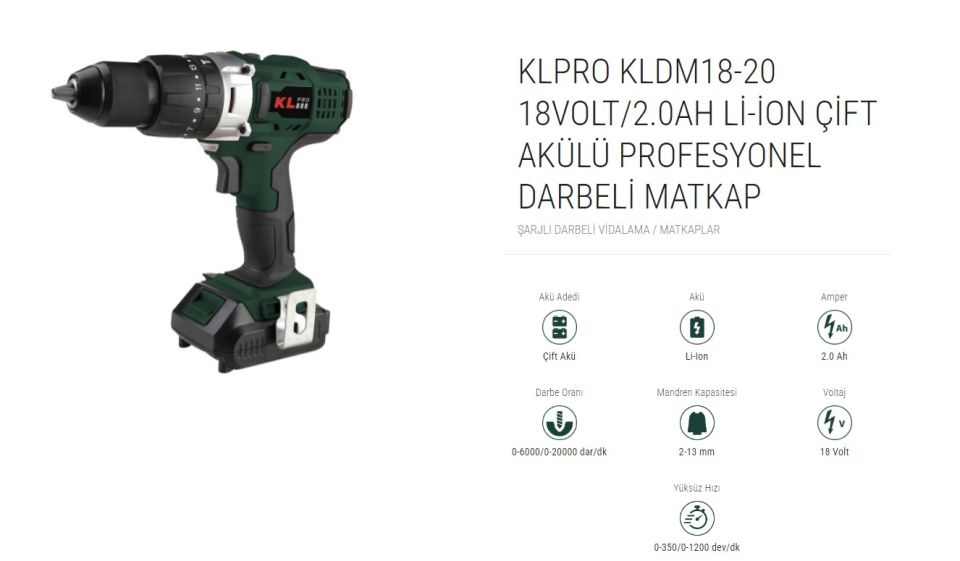 KLPRO 18VOLT/2.0AH Lİ-İON ÇİFT AKÜLÜ PROFESYONEL DARBELİ MATKAP ( KLDM18-20)