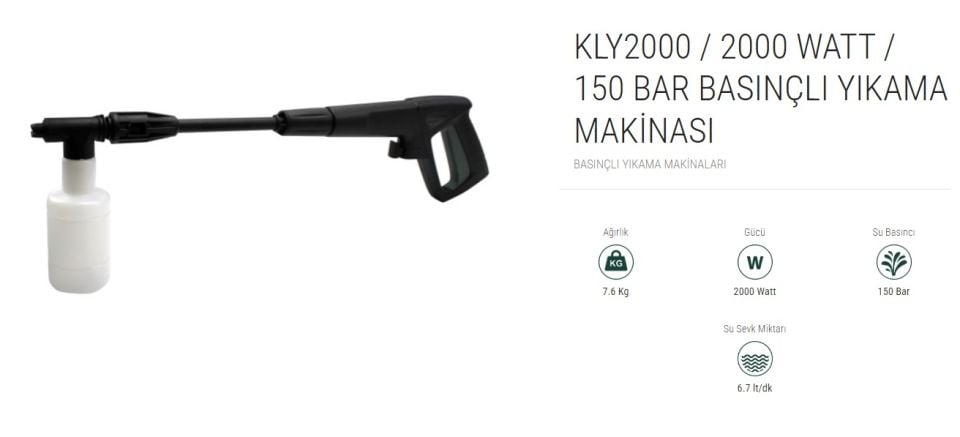 KLPRO KLY2000 / 2000 Watt / 150 Bar Basınçlı Yıkama Makinası