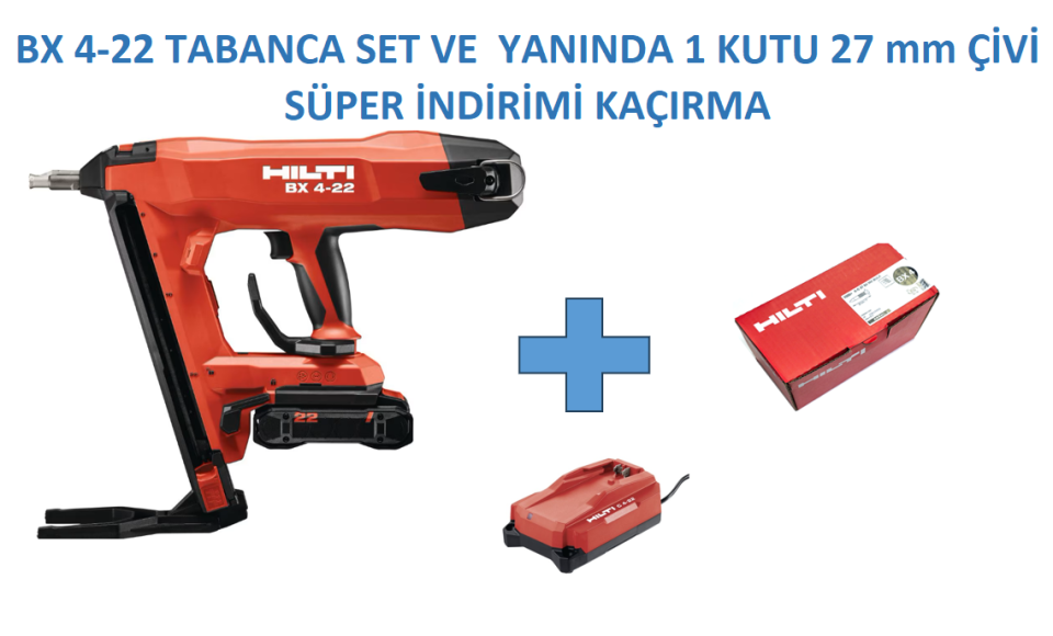 HILTİ  BX 4-22 AKÜLÜ BETON ÇİVİ ÇAKMA TABANCASI  + B 22-85 BATARYA + C 6-22 ŞARJ CİHAZI + 1 KUTU B-XC-27mm ÇİVİ