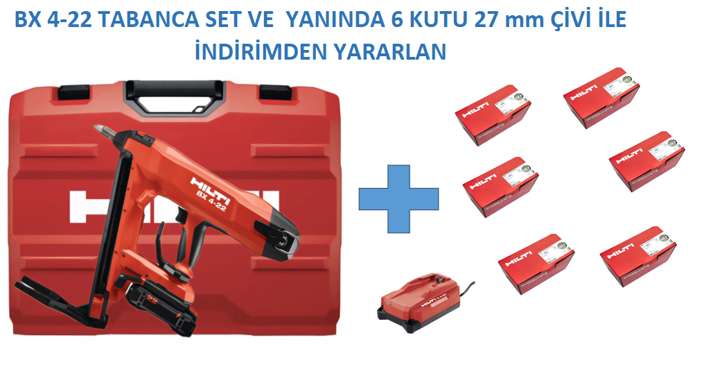 HILTİ  BX 4-22 AKÜLÜ BETON ÇİVİ ÇAKMA TABANCASI  + B 22-85 BATARYA + C 6-22 ŞARJ CİHAZI + 6 KUTU B-XC-27mm ÇİVİ