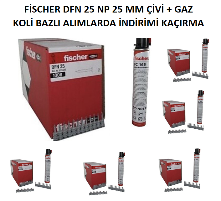 FİSCHER DFN 25 NP ÇİVİ + FC 165 GAZ TÜPÜ 1 KOLİ (6480 ADET ÇİVİ+6 ADET GAZ)